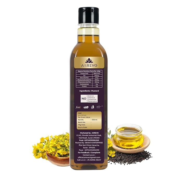 AIREVO Unrefined Wood Pressed Black Mustard Oil – Kolhu/Kacchi Ghani/Chekku/Marachekku Cold Pressed – Pure &amp Chemical-Free – Kachi Ghani Sarso Tel – Rich In Nutrients –(500ML)