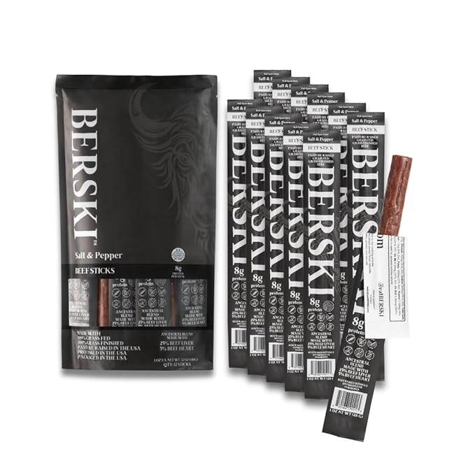 BERSKI Bundle Salted + Salt &amp Pepper Beef Sticks – 100% Grass-Fed Grass-Finished – Ancestral Blend with Liver &amp Heart – Keto Paleo – Regeneratively Raised USA Beef – 2 Pack (1oz Sticks)