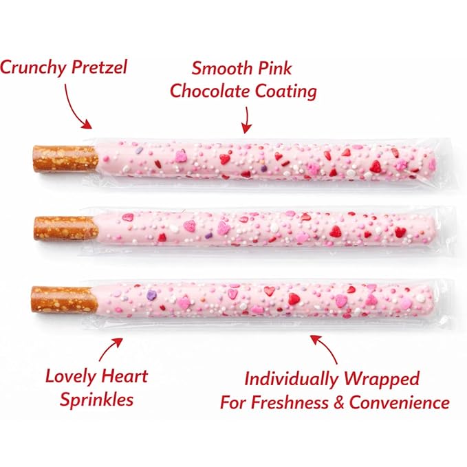16 Valentine’s Day Strawberry Chocolate Pretzel Rods – Individually Wrapped