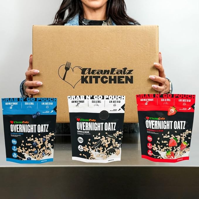Clean Eatz Overnight Oats – High Protein Overnight Oatmeal (20g Protein) – Whole Grain Oats &amp Real Fruit – Quick &amp Healthy Shelf-Stable Breakfast 12-Count (Strawberries and Cream)