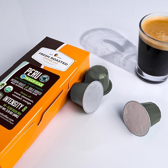 Fresh Roasted Coffee USDA Organic Peru WP Half-Caf Espresso Pods for Nespresso OriginalLine | 3rd Party Tested for Pesticides Mold Mycotoxins | Kosher | 60 Recyclable Aluminum Capsules