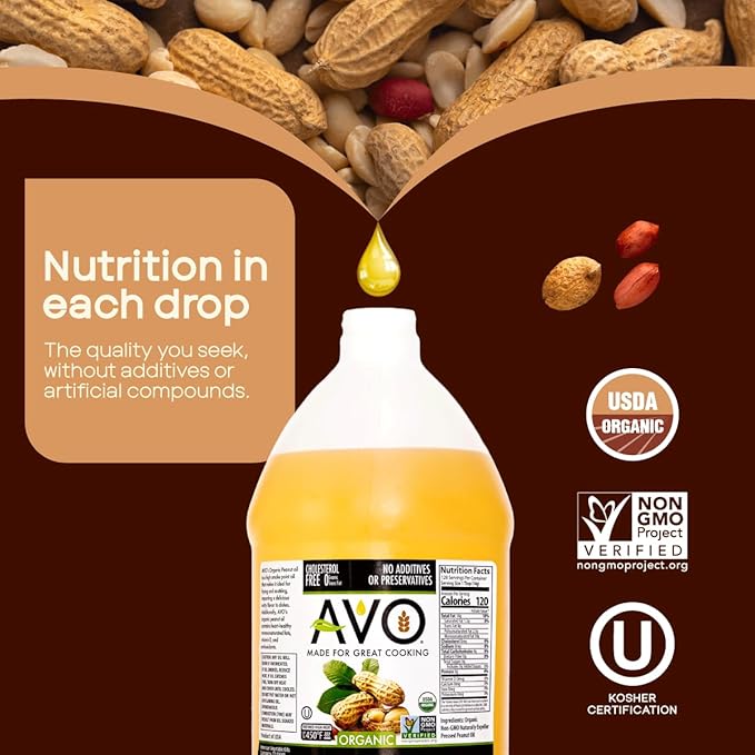 AVO Made for Great Cooking Organic Peanut Oil Half Gallon - Perfect for Cooking &amp Deep Frying - Ideal for Chefs Moms and Grillers - Bulk Organic Peanut Oil for Deep Frying Turkey