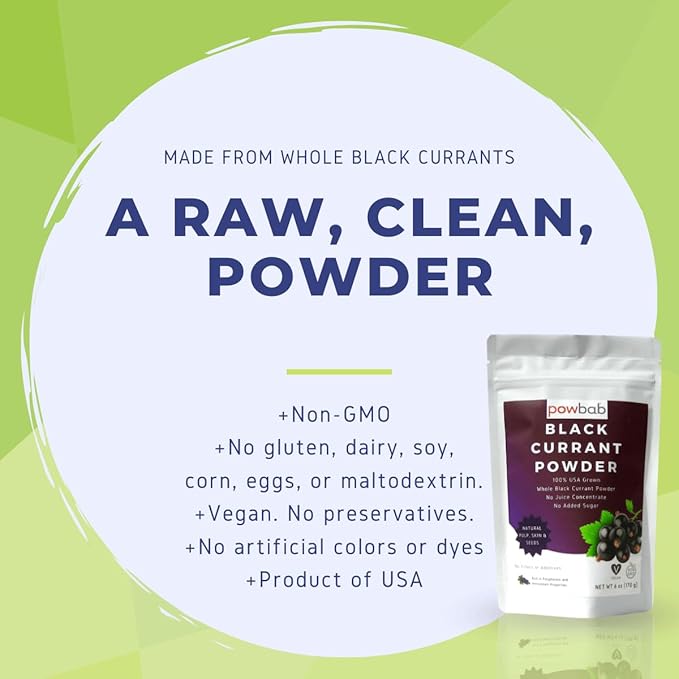 powbab Black Currant Powder - 100% USA Grown Whole Black Currants. No Juice Concentrate No Added Sugar. Made in USA from Dried Currants Unsweetened. Not Freeze Dried. Non-GMO No Maltodextrin. (6 oz)