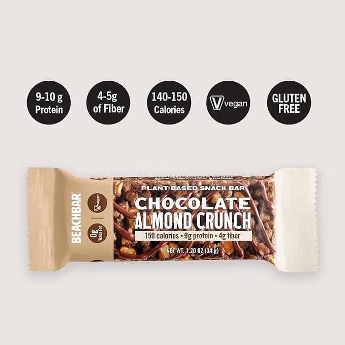 BODi BEACHBAR Plant-Based Chocolate Almond Crunch – Protein Rich Vegan Snack Bar Gluten-Free Low Glycemic Index 10g Protein 150 Calories 15 Bars per Box