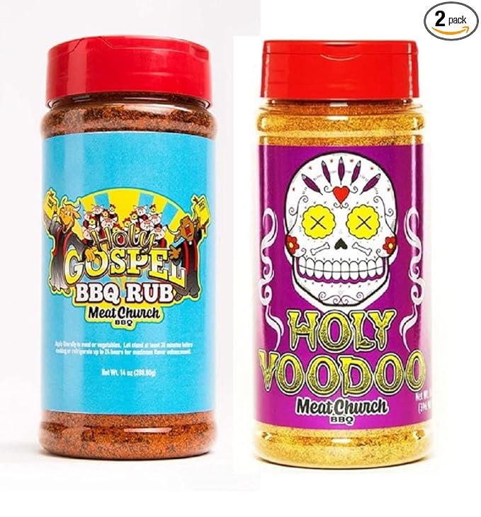 Meat Church BBQ Rub Combo: Holy Gospel (14 oz) and VooDoo (14 oz) BBQ Rub and Seasoning for Meat and Vegetables Gluten Free One Bottle of Each