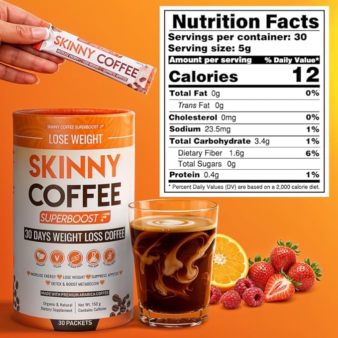 Skinny Coffee Super Boost Weight Loss Coffee Belly Fat Burner for Women &amp Men Sugar-Free Keto Vegan Reduces Bloating Supports Energy &amp Metabolism Appetite &amp Cravings Control (30 Servi