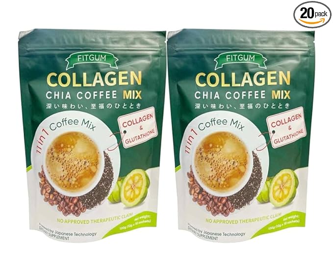 2 Packs FIT GUM Collagen Chia Coffee - 11 in 1 Coffee Mix (10 Sachets per Pack)