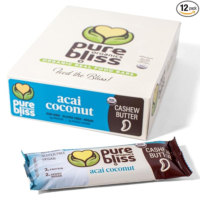 Organic Real Food Bar (Acai Coconut) Non-GMO Gluten Free Vegan Nutrition Bars Energy Bars Super Food Simple Ingredients Best Tasting Healthy Snack Breakfast Bars Dairy Free Soy Free Pure Bl
