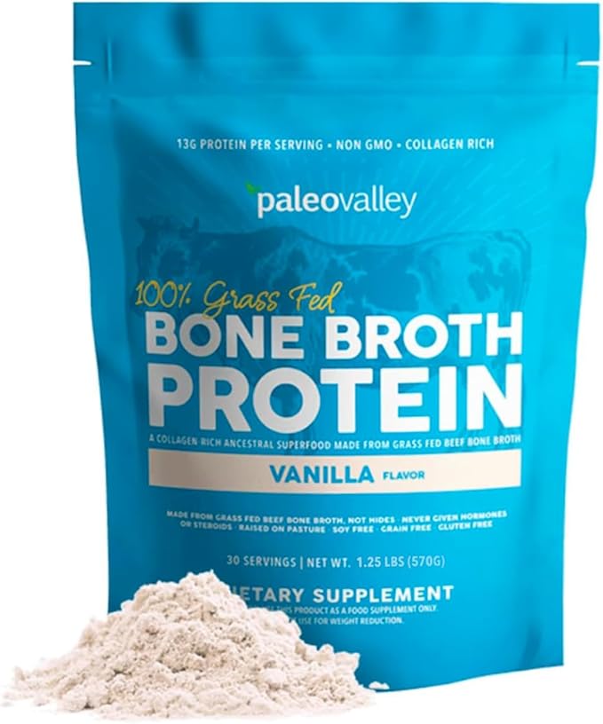 Paleovalley 100% Grass Fed Beef Bone Broth Protein Powder - Rich in Collagen Peptides for Hair Skin Gut Health Bone and Joint Support - 13g Protein Per Serving - No Gluten or GMOs - Vanilla