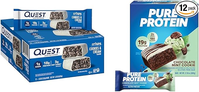 Quest Cookies &amp Cream Hero Protein Bar with 18g Protein Pure Protein Chocolate Mint Cookie Bar with 19g Protein 12 Count Each