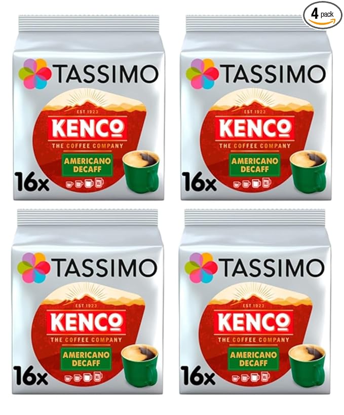 Tassimo Kenco Americano Decaf Coffee Pods (Pack of 4 Total 64 Decaffeinated Capsules)