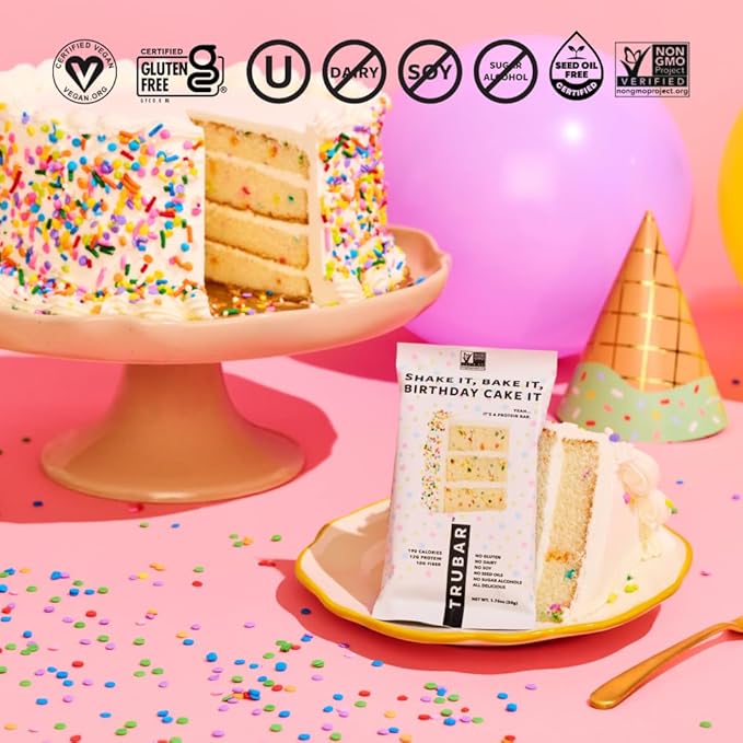 TRUBAR Vegan Protein Bar Shake it Bake it Birthday Cake it Gluten Free Plant Based Protein Dairy Free Non GMO Soy Free No Sugar Alcohols 12G Protein 12G Fiber 23G Carb Snack Bars 12ct