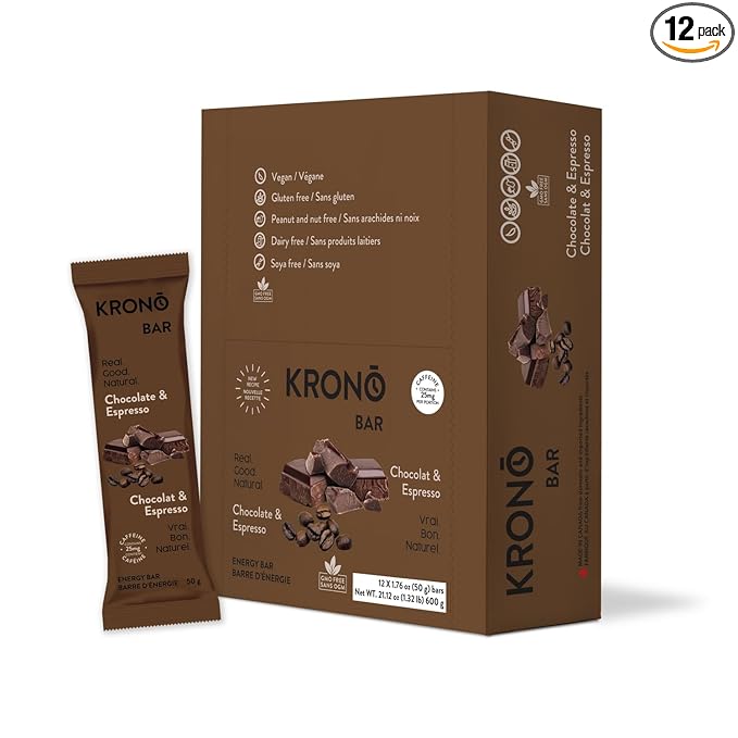 Krono Nutrition Energy Bar - Made with Natural Ingredients - Vegan - Gluten Free - Nuts Free - Soy Free - 50 gram per bars - 12 bars per box (12 count Chocolate &amp Espresso)