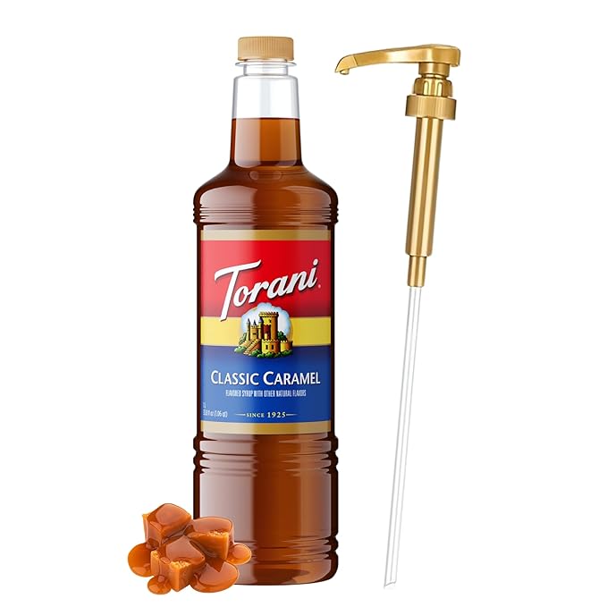 Torani Classic Caramel Syrup 1 Liter Bottle with Pump – Premium Coffee Flavoring with Pure Cane Sugar Natural Caramel Flavor for Lattes Desserts Cocktails &amp More