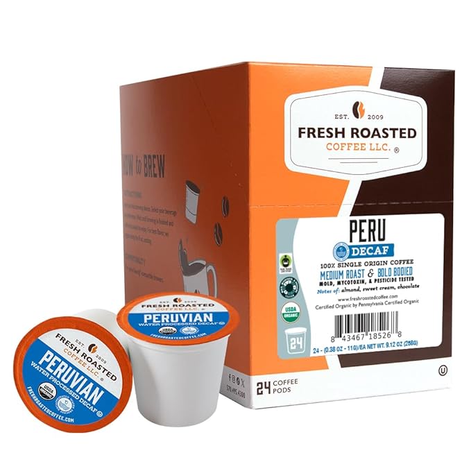 Fresh Roasted Coffee USDA Organic Peru Water-Processed Decaf | 3rd Party Tested for Pesticides Mold Mycotoxins Kosher | 100% Arabica Specialty Grade Med Roast 24 Pods for K Cup Brewers