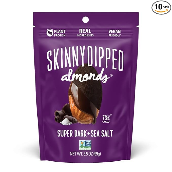 SkinnyDipped Super Dark Chocolate + Sea Salt Almonds Vegan Healthy Snack Plant Protein Gluten Free 3.5 oz Resealable Bags Pack of 10