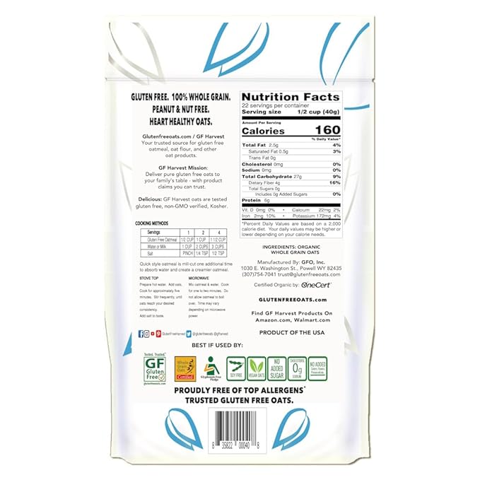 GF Harvest Gluten Free Organic Quick Oats 32 Ounce Bag Pack of 2