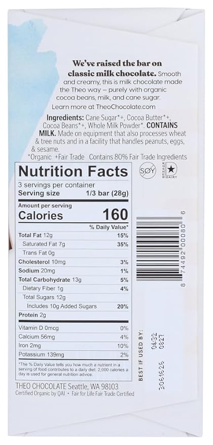 Theo Chocolate Organic Milk Chocolate Bar 45% Cacao 12 Count | Fair Trade