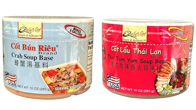 Combo - Crab Soup Base and Thai Tom Yum Soup Base - Cot Bun Rieu va Cot Lau Thai Lan - 10 Oz per Jar with 2 Jars per Order - Product of USA