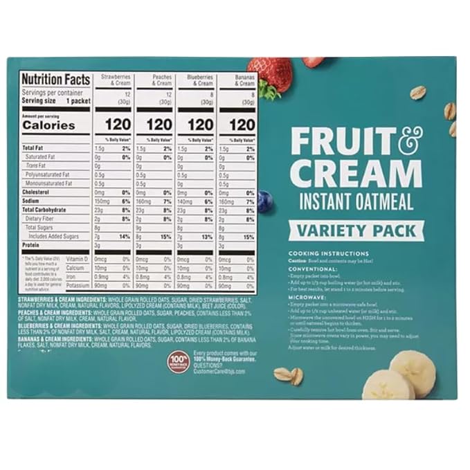 Fruit and Cream Instant Oatmeal Variety Pack 40 Packets 1.05 oz Each | Strawberries &amp Cream Bananas &amp Cream Peaches &amp Cream Blueberries &amp Cream. (2 Pack)
