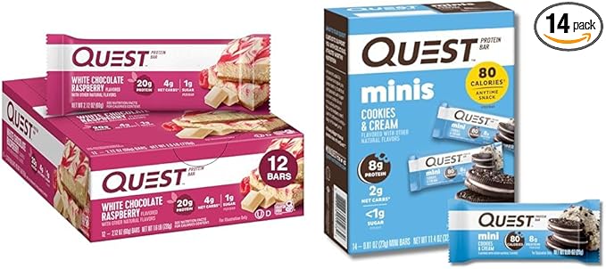 Quest Protein Bars Bundle - White Chocolate Raspberry 12 Count &amp Cookies 'N Cream Mini 14 Count