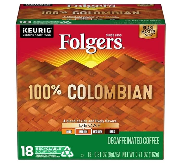 Folgers Decaf 100% Colombian Medium Roast K Cup Pods for Keurig Brewers 18 Count Packaging May Vary