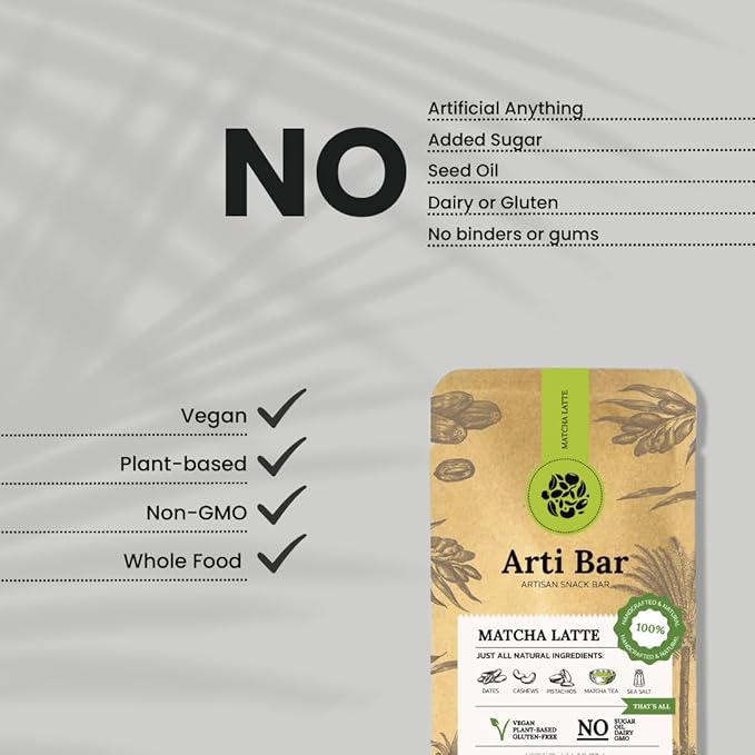 Arti Bar – Matcha Latte | Whole Food Energy Bar | Vegan Gluten-Free No Added Sugar Clean Ingredients | Plant-Based Healthy Snack