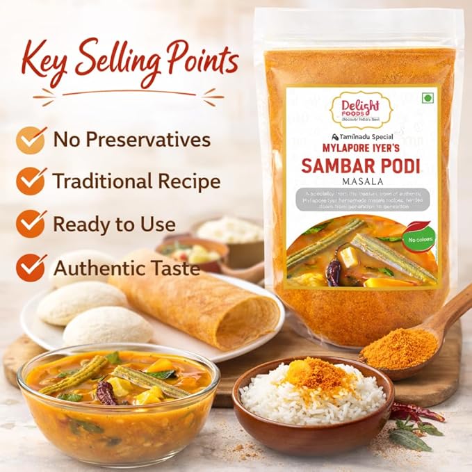 Delight Foods Mylapore Iyer's Sambar Podi 350g - Ready Masalas and Podi | Mixed Spices | Tamil Nadu Special | NO PRESERVATIVES