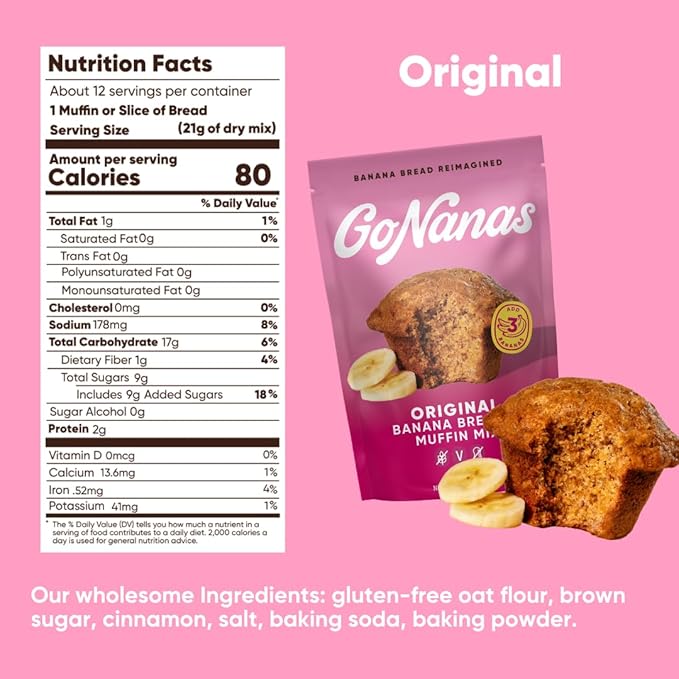GoNanas Original Oat Flour Banana Bread Mix Suitable for Plant Based Vegan Diets Gluten Free Dairy Free Snacks Healthy Snacks For Adults Muffin Mix Nut Free Cupcakes Dessert NON-GMO 4pk