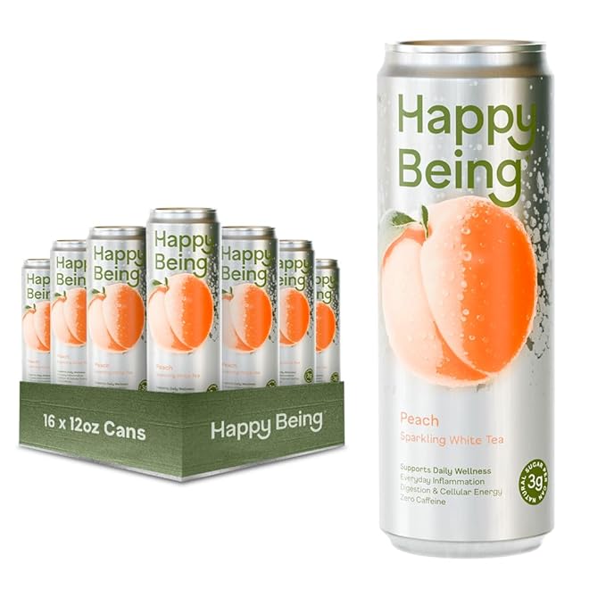 Happy Being Peach Sparkling White Tea – Antioxidant &amp Polyphenol Rich Infused with Turmeric Elderberry Caffeine Free Plant-Based Low Sugar &amp Low Calorie Drinks 12oz (16 Pack)