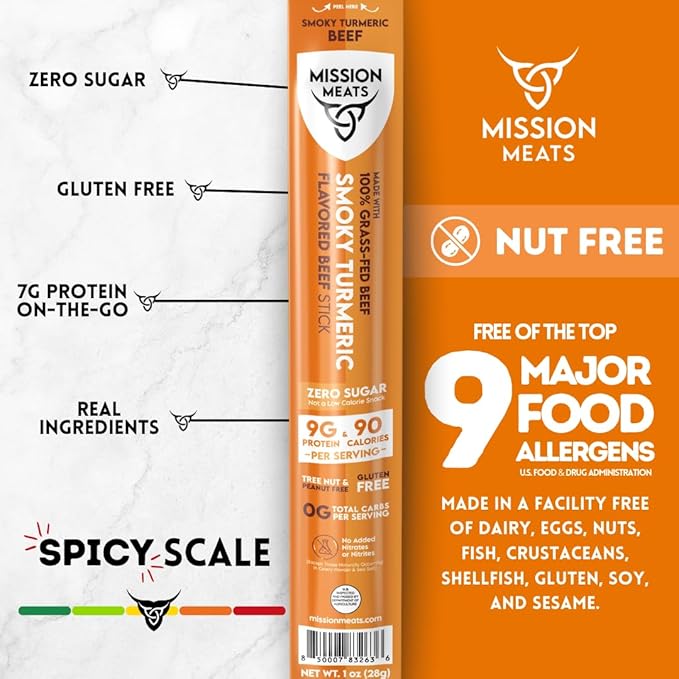 Mission Meats Beef Sticks – 100% Grass Fed &amp Pasture Raised Sugar Free Individually Wrapped Healthy Snacks Whole 30 &amp Paleo Friendly Smoky Turmeric 1oz (12ct)