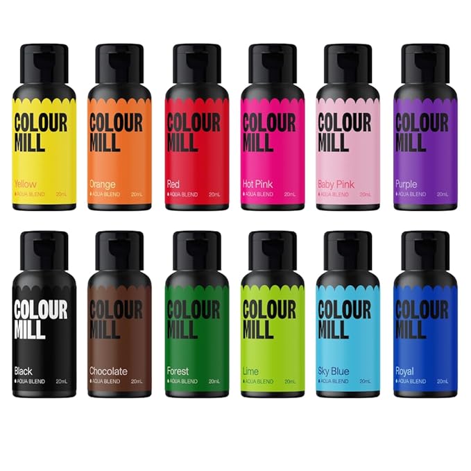 Colour Mill Kickstarter Pack Aqua Blend Water-Based Food Coloring 20 Milliliters Baby Pink Black Chocolate Forest Hot Pink Lime Orange Purple Red Royal Sky Blue &amp Yellow