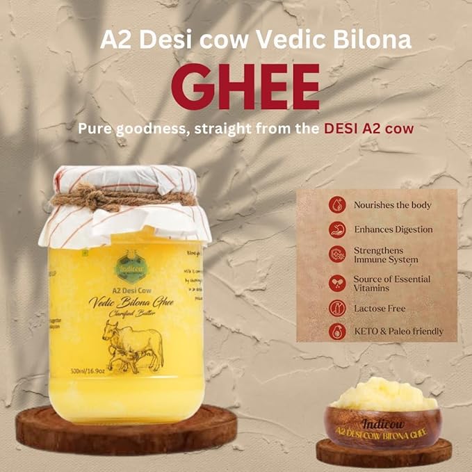 Indicow A2 Desi Cow Ghee Clarified Butter | Grass Fed Cows | (1000ML(33.8oz) A2 Cow Ghee (Sahiwal Cows)) | Clarified Butter Fat Keto Paleo Lactose Free Casein Free Non-GMO |a2 ghee organic