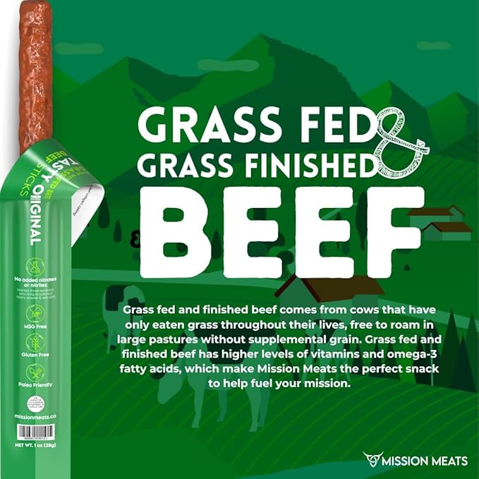 Mission Meats Beef Sticks – 100% Grass Fed Beef Zero Sugar Healthy Snacks Individually Wrapped Gluten Free Non-GMO Original 1oz (Pack of 12)