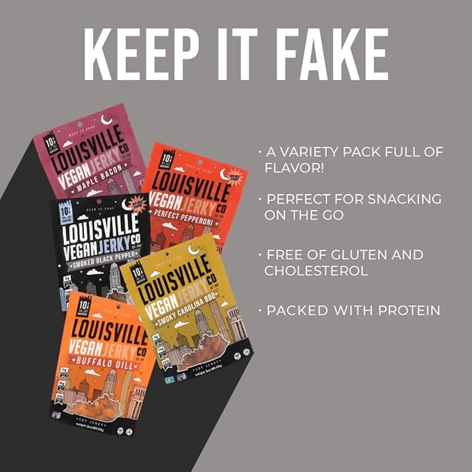 Louisville Vegan Jerky - Variety Pack 15-21 Grams of Protein Gluten-Free Ingredients Includes 2 Black Pepper 2 Perfect Pepperoni 2 Maple Bacon 2 Carolina BBQ &amp 2 Buffalo Dill (3 oz 10-Pack