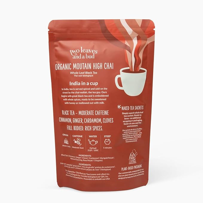 Two Leaves and a Bud Organic Mountain High Chai Tea Bags Whole Leaf Black Tea and Spices in Unwrapped Sachets 50 Count (Pack of 1)