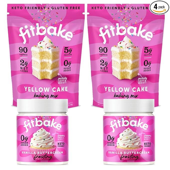 FitBake Yellow Cake Baking Mix and Vanilla Frosting Bundle | 2 Cake Mixes and 2 Frosting | 0g to 2g Net Carbs Per Serving | Keto Friendly Low Carb Food | Gluten Free Desserts | No Added Sugar