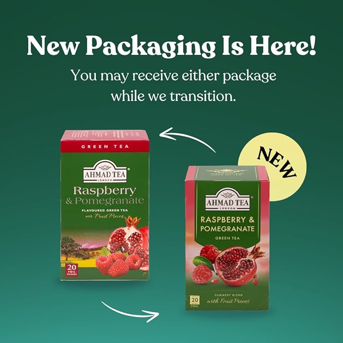 Ahmad Tea Foil-Enveloped Teabags Green Tea Raspberry &amp Pomegranate 20Count (Pack Of 6)