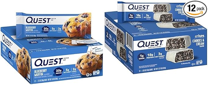 Quest Blueberry Muffin &amp Cookies &amp Cream Hero Protein Bars Bundle High Protein Low Carb Gluten Free Keto Friendly 12 Count Each (Pack of 2)