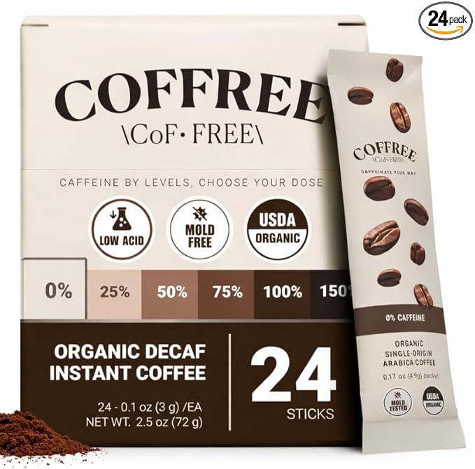 COFFREE USDA Organic Decaf Instant Coffee Packets - Single Serve Sticks - Mold Free Low Acid Arabica - Hot or Cold Brew Sugar Free - 24 Count
