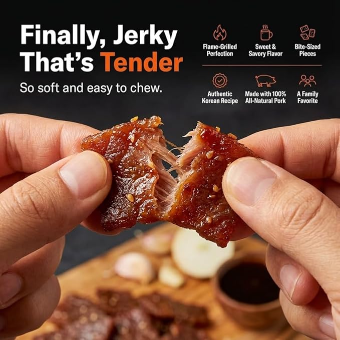 Golden Island Pork Jerky Korean BBQ Flavored Specialty Meat Snack Gluten Free with Korean Barbecue Seasoning Bite Sized Sweet and Savory Protein Snack 7g of Protein Per Serving 9 Oz (2 Pack)