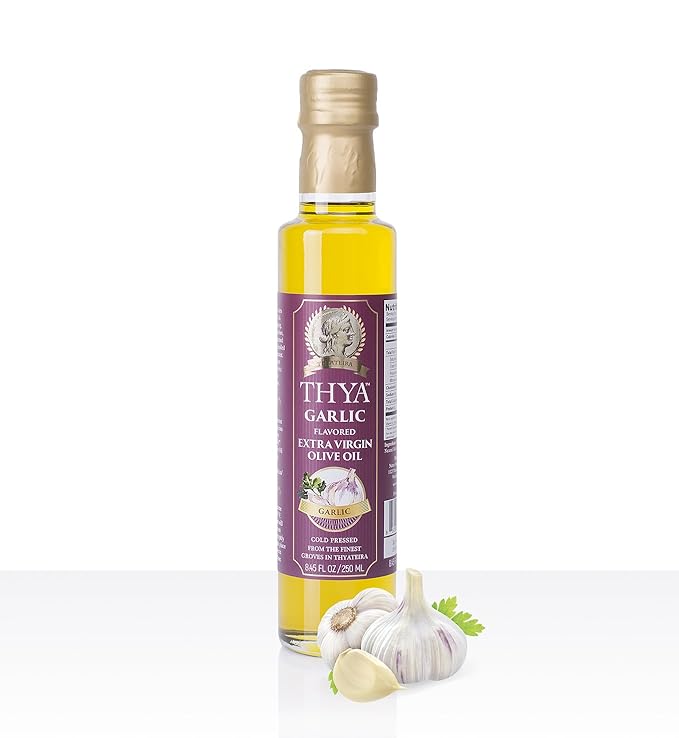 Thya Flavored Extra Virgin Olive Oil Variety Pack: Garlic Chili Pepper Truffle Basil | First Cold Pressed Olives | EVOO Value Pack | 4 Bottles of 8.45 Fl oz each | Total 33.8 Fl oz