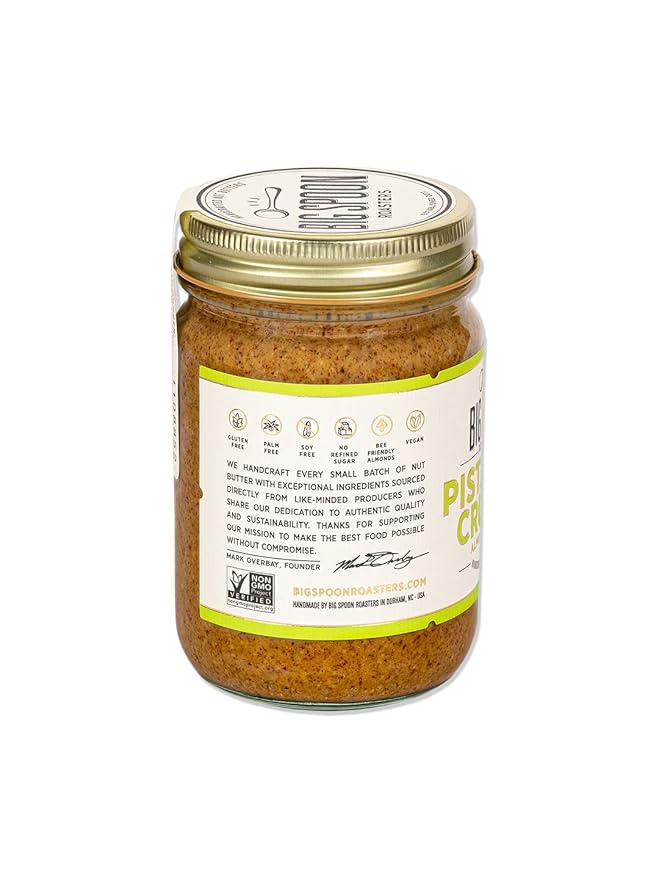 Big Spoon Roasters Almond &amp Pistachio Butter w/Raw Honey &amp Sea Salt - Keto Friendly Low Sugar Almond Butter - Crunchy Pistachio Butter w/Bee-Friendly Almonds - Gourmet Vegan Nut Butter - 26