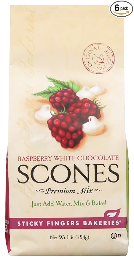 Sticky Fingers Raspberry White Chocolate Scone Premium Mix Just Add Water Mix &amp Bake 16 Oz (Pack of 6)