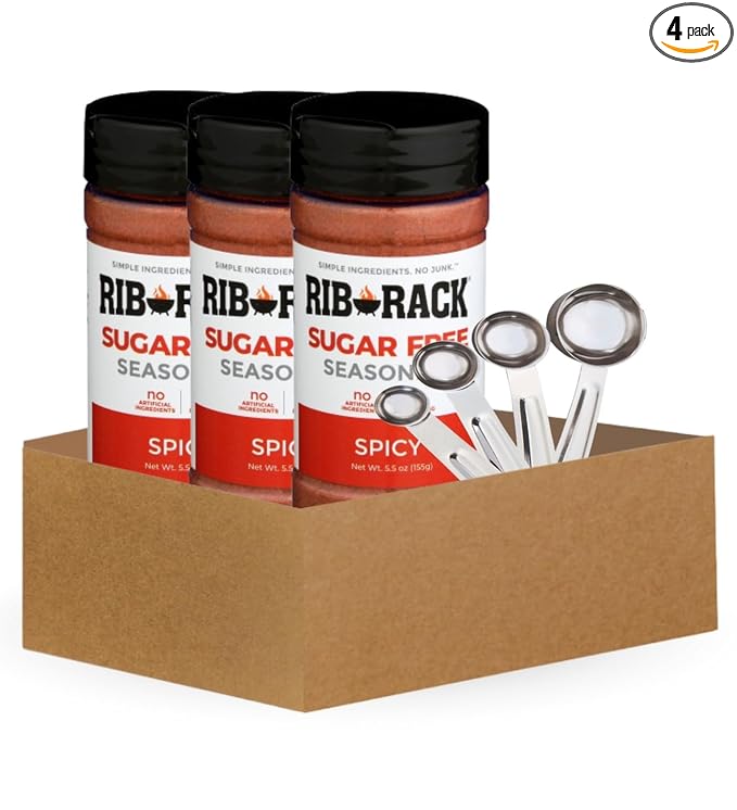 Rib Rack BBQ Sauce – 3x Rib Rack Ssnng Rub Spicy SF 5.5 OZ – Bundle with Measuring Spoon Set – Savory and Spicy Blend of Herbs and Aromatics for Cooking and Grilling – Gift Set (4 Items)
