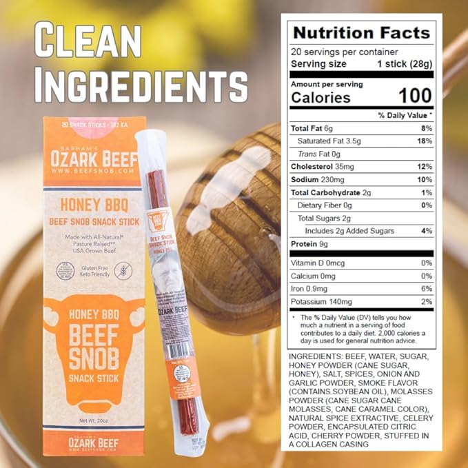 Beef Snob Snack Sticks - Honey BBQ Flavor - 1 Ounce Snack - 20 Meat Sticks Per Box - High Protein Snack Keto Friendly Gluten Free Jerky Sticks