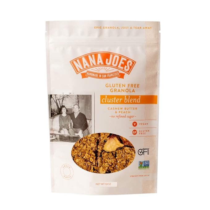 Nana Joes Granola Cluster Blend | Cashew Butter &amp Peach | Handmade Gluten-Free Vegan Healthy Plant-Based Organic No Refined Sugar Low-Carb | Superfood for Breakfast Lunch Dinner (6 Pack)