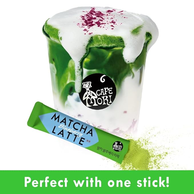 ROASTIQUE Official Café Mori Jeju Matcha Latte 10 Sticks 90 Calories Ceremonial Grade Green Tea Powder Sweetened Café Quality Drink Mix Blueberry 7 oz