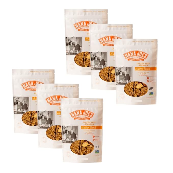 Nana Joes Granola Cluster Blend | Cashew Butter &amp Peach | Handmade Gluten-Free Vegan Healthy Plant-Based Organic No Refined Sugar Low-Carb | Superfood for Breakfast Lunch Dinner (6 Pack)