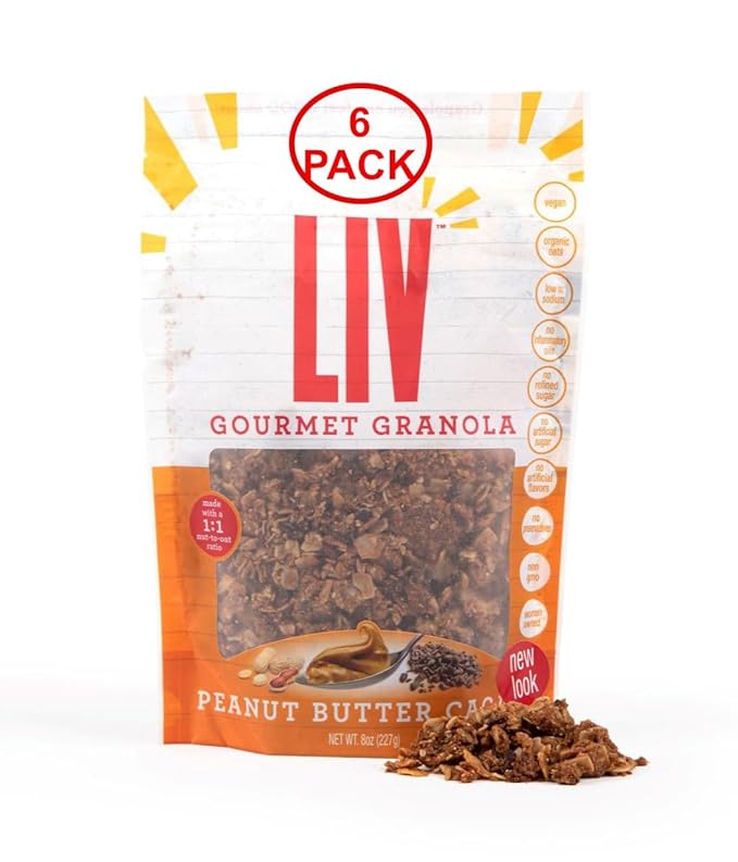 Liv Gourmet Peanut Butter Cacao Granola - 8oz (Pack of 6) | Healthy Nutrient-Dense Snack Breakfast Cereal | 1:1 Nut-to-Oat Ratio | Non-GMO Low Sugar Vegan | Organic Oats No Artificial Ingredients